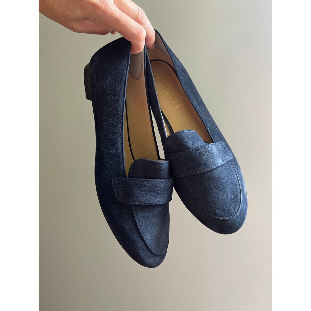 Talbots Navy Blue Leather Penny Loafers 7.5 Almond Toe Flats Preppy Office Chic